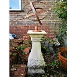 Sundials: A wrought iron armillary sundial, late 20th century, on earlier Istrian stone pedestal,