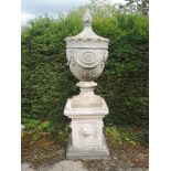 Finials: A composition stone Adam style finial on pedestal, modern, 195cm high overall