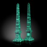 Interior Design/Ornament: A pair of malachite veneered obelisks, 54cm high