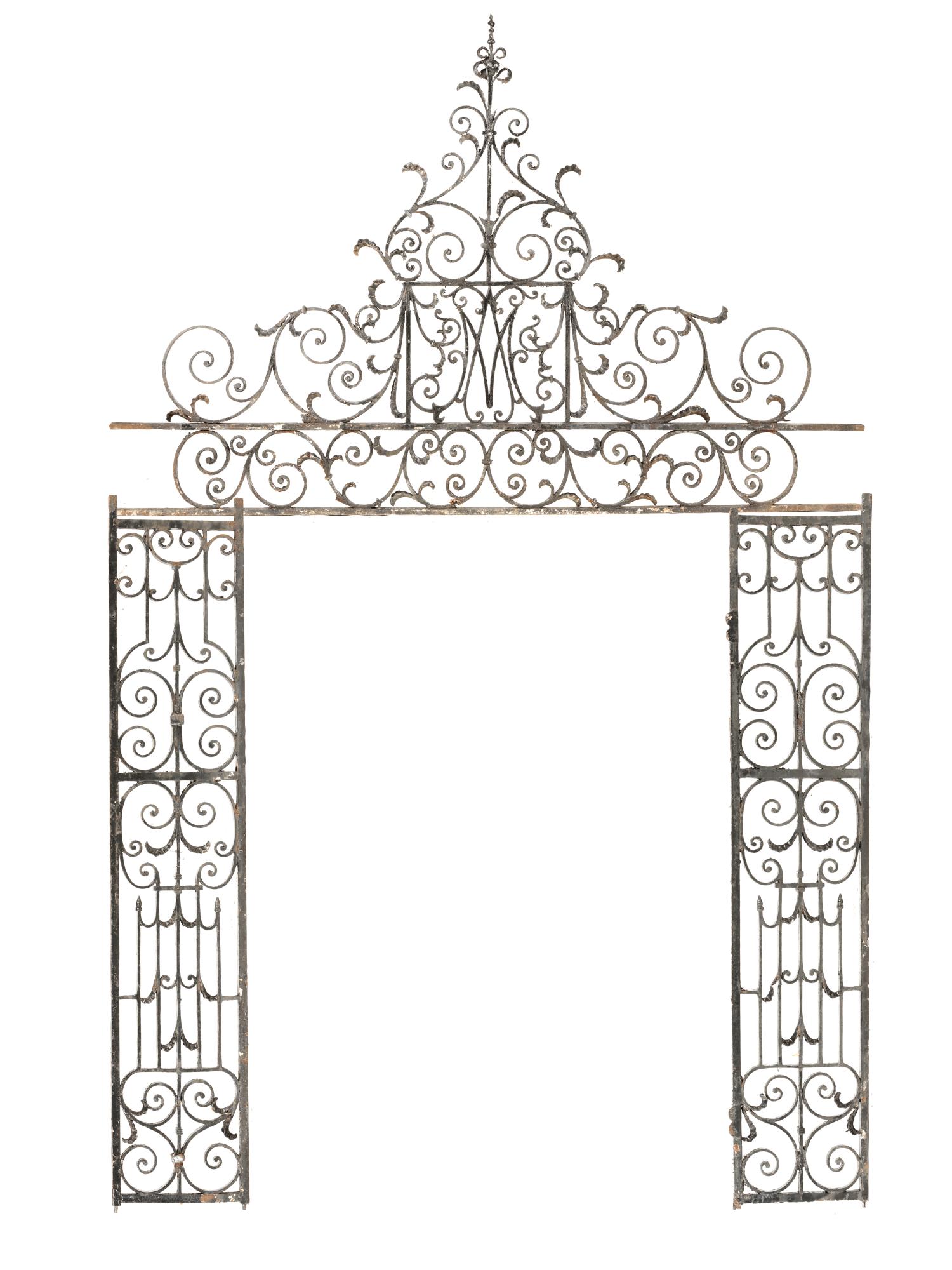 Entranceways: A Georgian style wrought iron overthrow and uprights, late 19th century, 384cm high