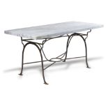 Garden tables/furniture: A wrought iron table, late 19th century, with grey veined marble top, 210cm