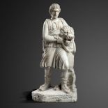 Interior Design/Decoration: A plaster classical figure standing next to a seated lion, 2nd half 20th