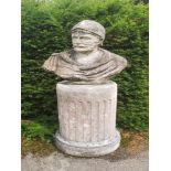 Garden statues: A composition stone bust of a Roman Emperor, modern, on fluted column pedestal,