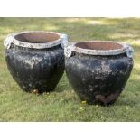 Garden planters/urns: Attributed to Compton Pottery: A pair of large scroll pots, early 20th