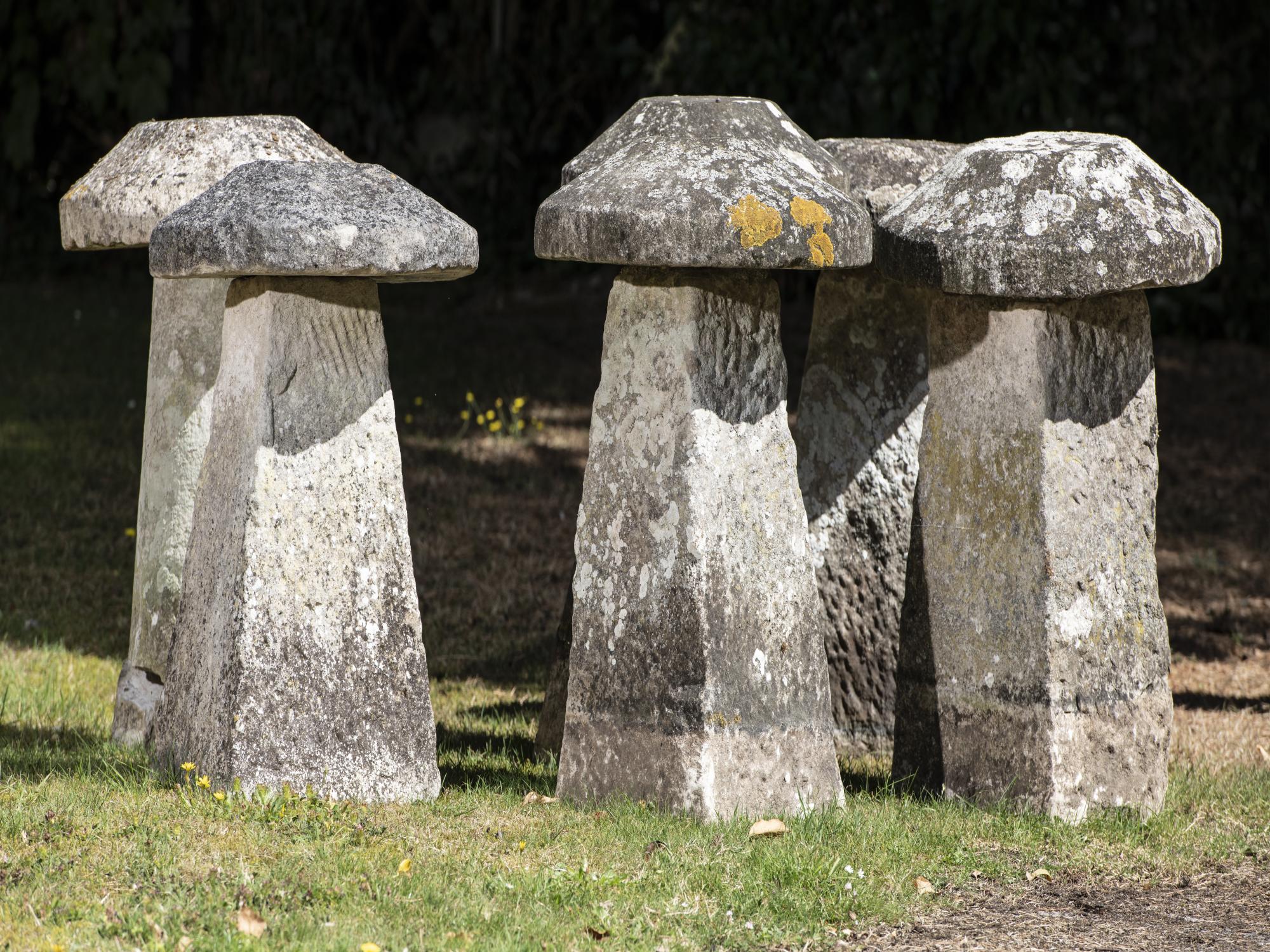 Staddlestones: A harlequin set of six carved limestone staddlestones, average height 60cm