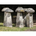 Staddlestones: A harlequin set of six carved limestone staddlestones, average height 60cm
