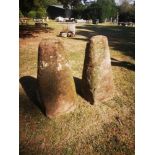 Staddlestones: Two substantial carved sandstone staddlestone bases , 85cm high