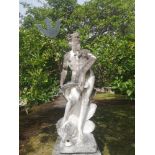 Fountain figures: A composition stone fountain figure of Neptune, modern, holding a trident, dolphin