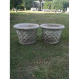 Garden urns/pots: A pair of composition stone basketweave planters, modern, 46cm high