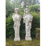 Garden statues: A pair of patinated fibreglass term figures representing Summer and Autumn, 145cm