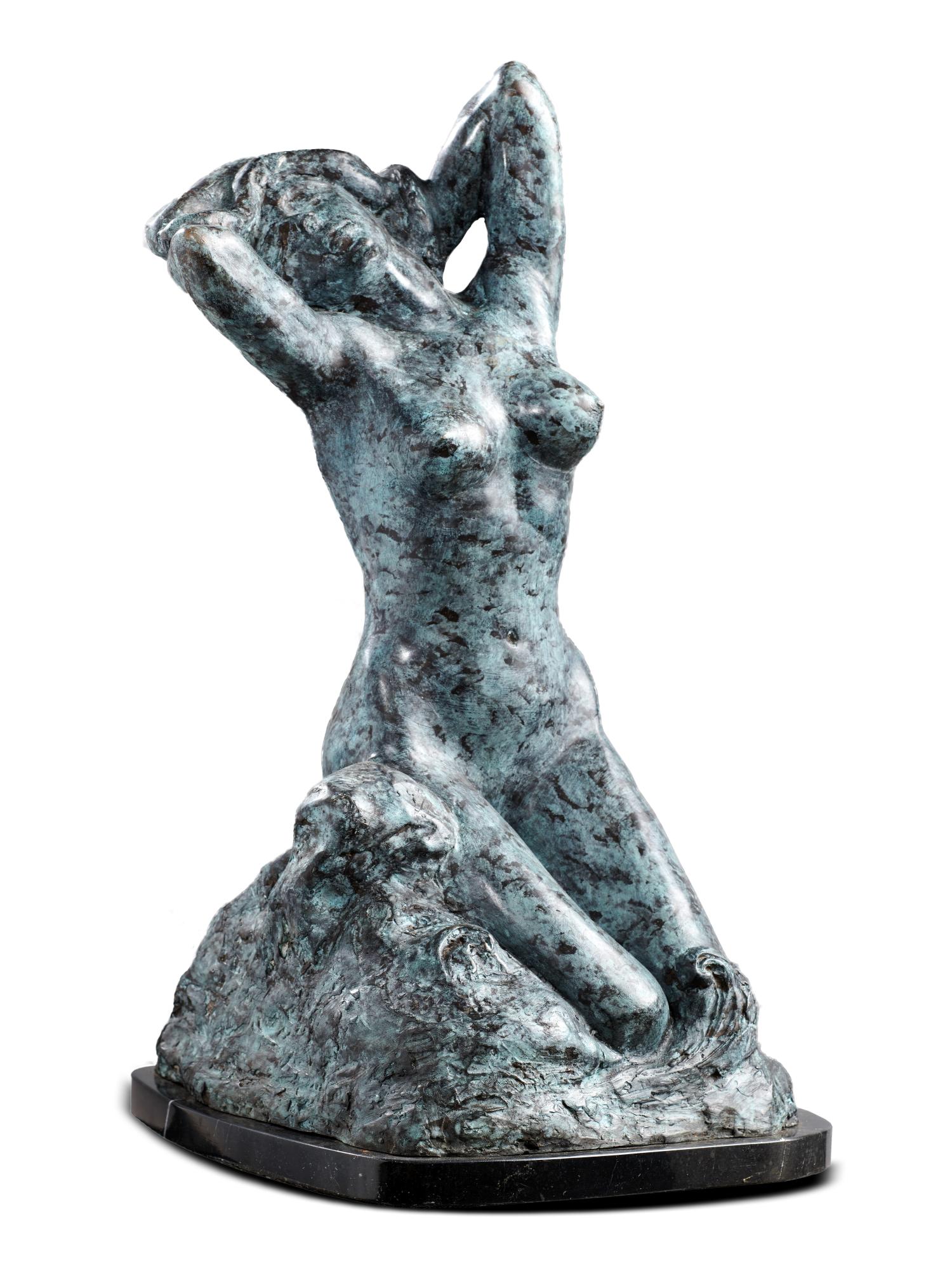 Sculpture: After Rodin: A bronze naked kneeling figure of a girl, modern, bearing the signature A