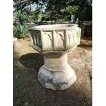 Fonts: A Victorian Gothic carved stone font, the centre section initialled HK and dated 1849,