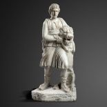 Statue: A plaster classical figure standing next to a seated lion 2nd half 20th century 96cm high