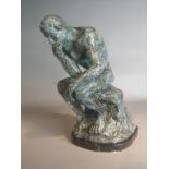 Sculpture: After Rodin: A bronze figure of The Thinker modern on marble base 43cm high