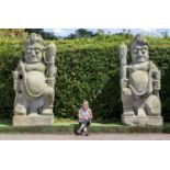 Garden Statuary: A pair of monumental and impressive carved stone temple guardians (Dvarapala)