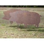 Sculpture/Garden: A set of three sheet iron pigs modern 90cm long