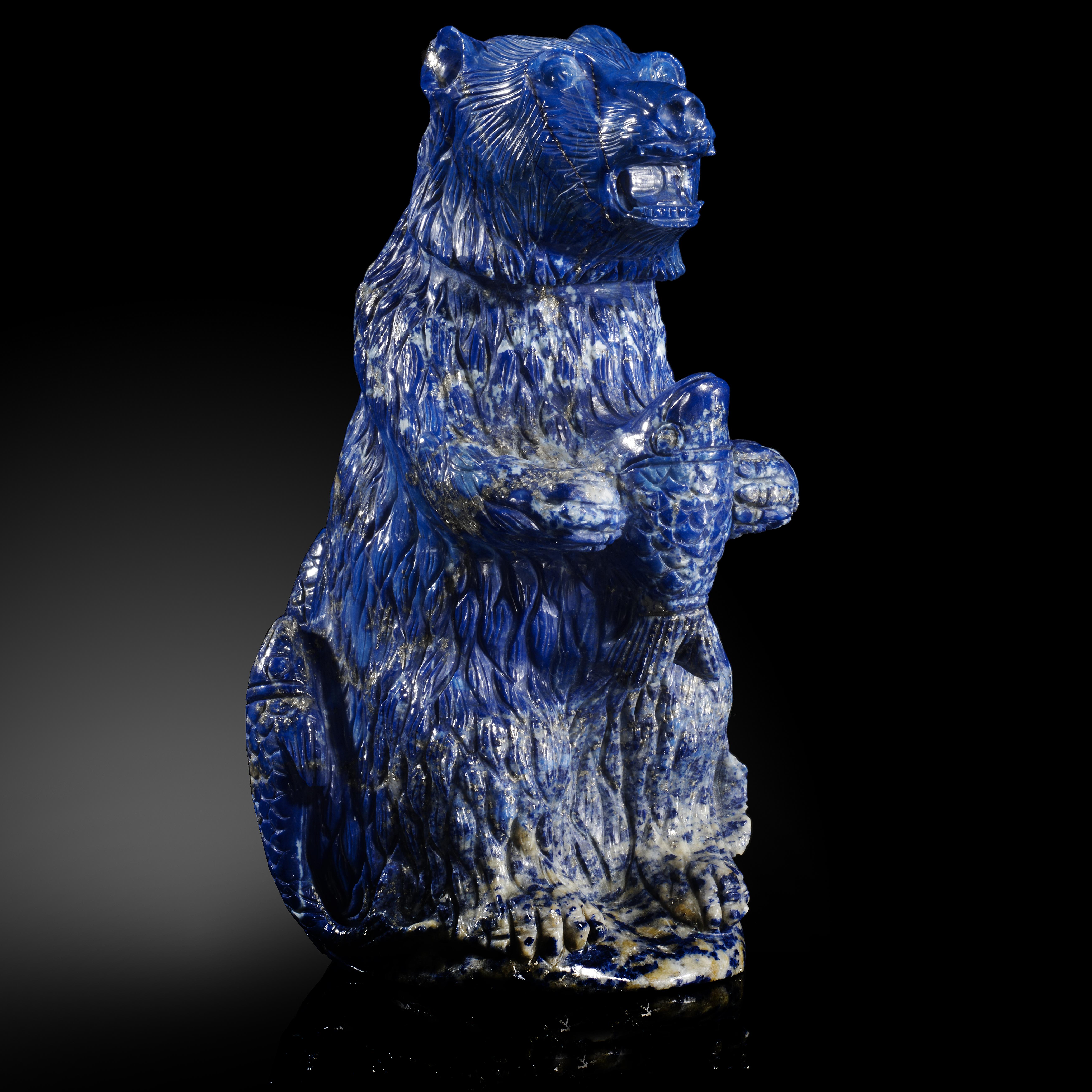 Minerals/Interior Design: A carved Lapis lazuli bear holding a salmonin fitted box17cm high