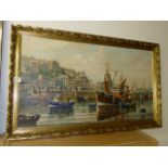 Gilt framed harbour scene oil on canvas signed "W H Stockman"