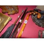 Silver-topped umbrella, brass-handled walking stick and 2 others
