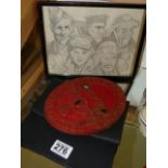 WWII German cast iron plaque from a doodle bug launcher and framed wartime etching