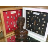 Framed sets of antique lead ammunition, bullets and a soldier bust