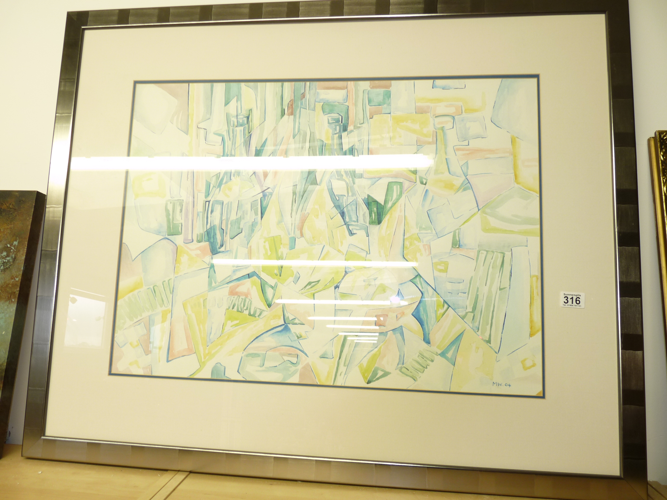 Framed abstract bottles painting signed "MW 04"