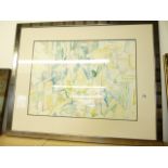 Framed abstract bottles painting signed "MW 04"