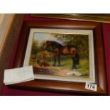 Framed oil on canvas by Susan Whigham "By the feeding trough"