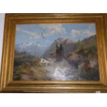 Framed oil on canvas of an alpine mountain scene with label marked on the rear by George Watson