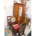 Music stool, carved firescreen and 2 chairs