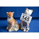 Royal Crown Derby Cheetah cub and cat paperweights
