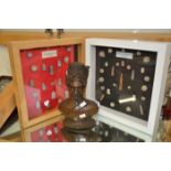 Framed boxes of antique bullets and lead ammunition and bust