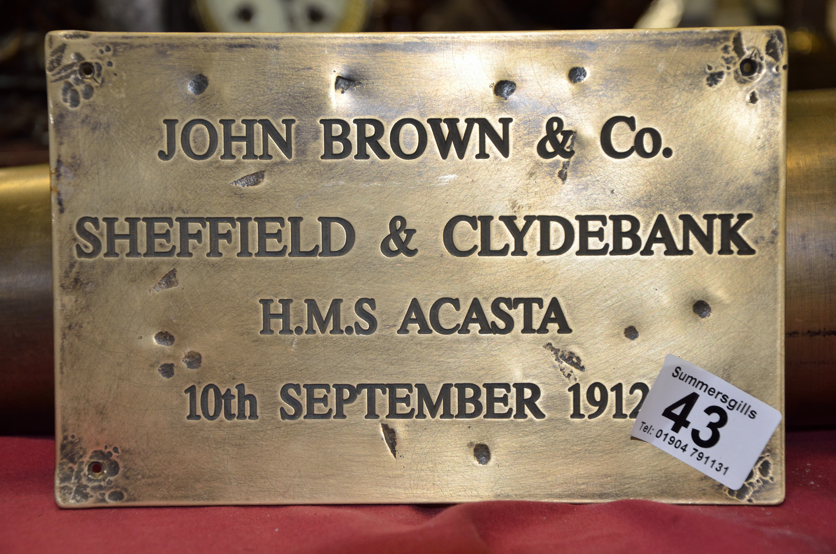 HMS Acasta 1912 Shipyard brass plaque - John Brown & Co.