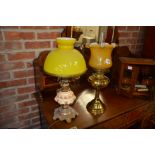 Mustard glass converted brass oil lamp