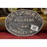 GR Turner 1941 Railway builders cast iron sign
