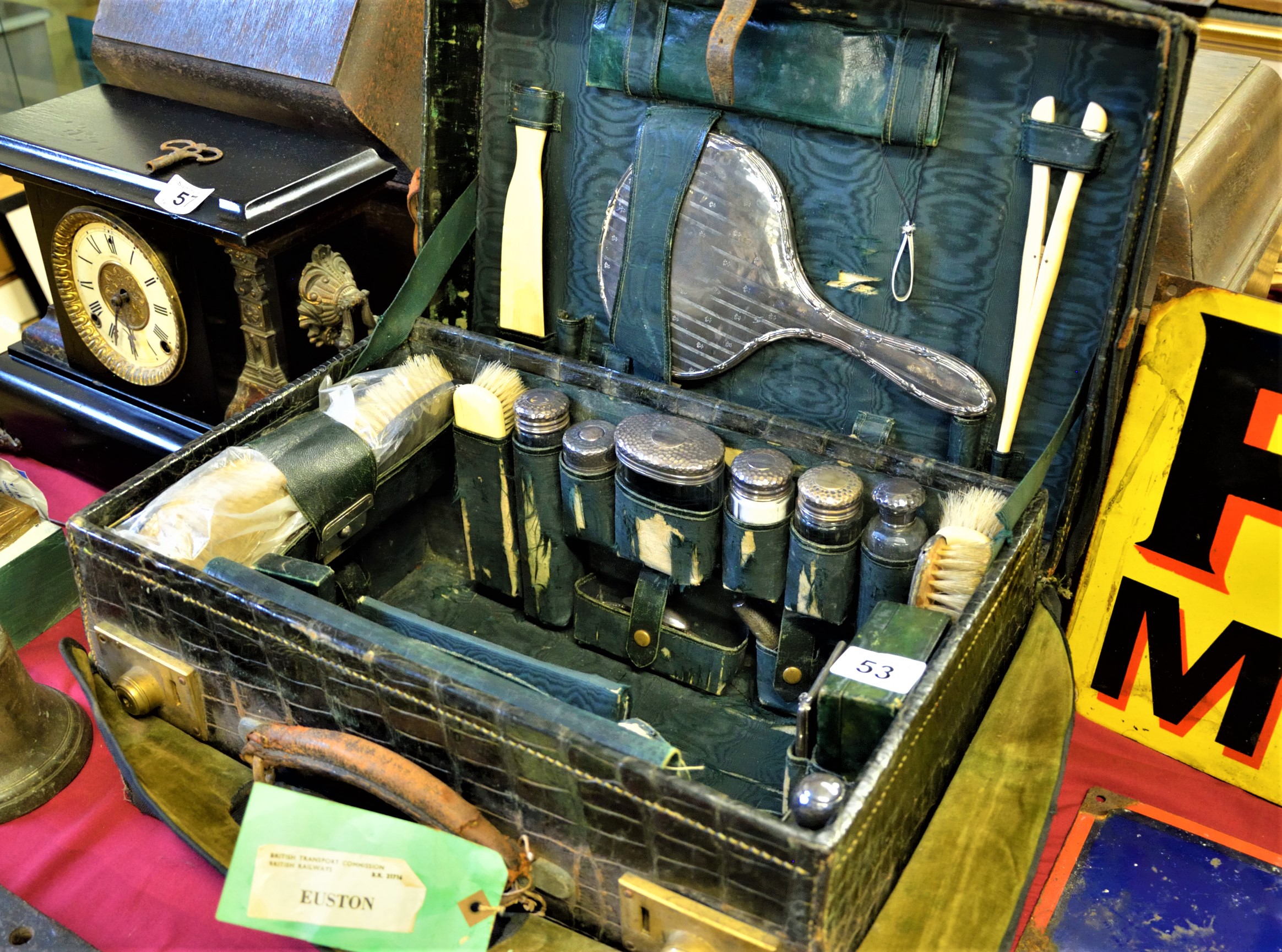 Antique Gentleman's travel/dressing case w/multiple silver topped cases and jars