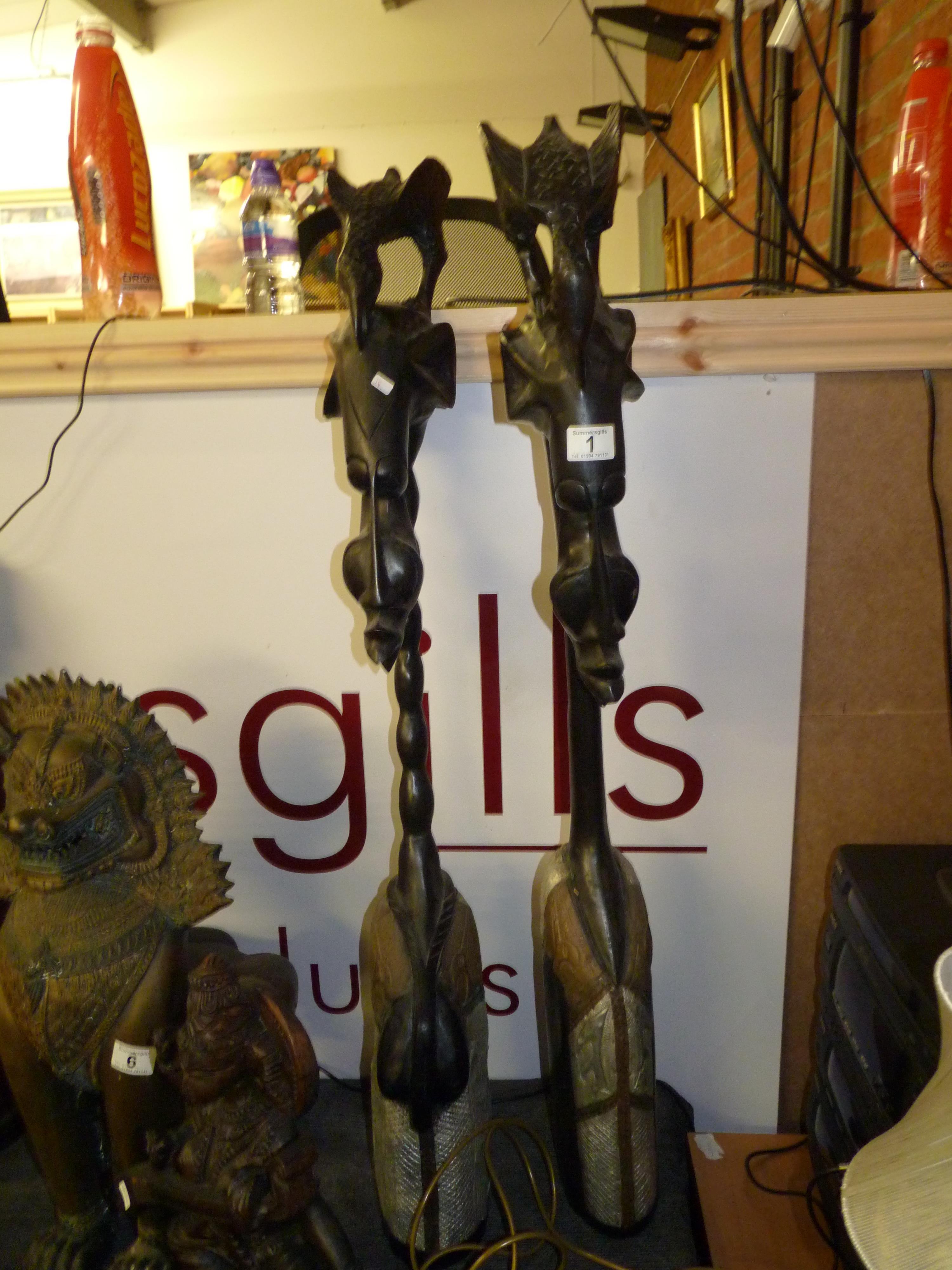 Pair of Wooden and metallic sankofa male and female floor figures standing 1m high - Image 4 of 5