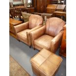 2 x Leather lounge chairs and stool
