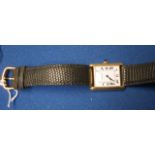 CARTIER 18ct gold wristwatch white dial with Roman numerals with black leather strap exc. condition