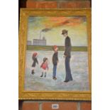 After LS Lowry - Unsigned oil on board of a family scene overlooking an Industrial backdrop 50x39
