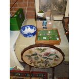 Mahogany Firescreen, binoculars, collectors spoons etc