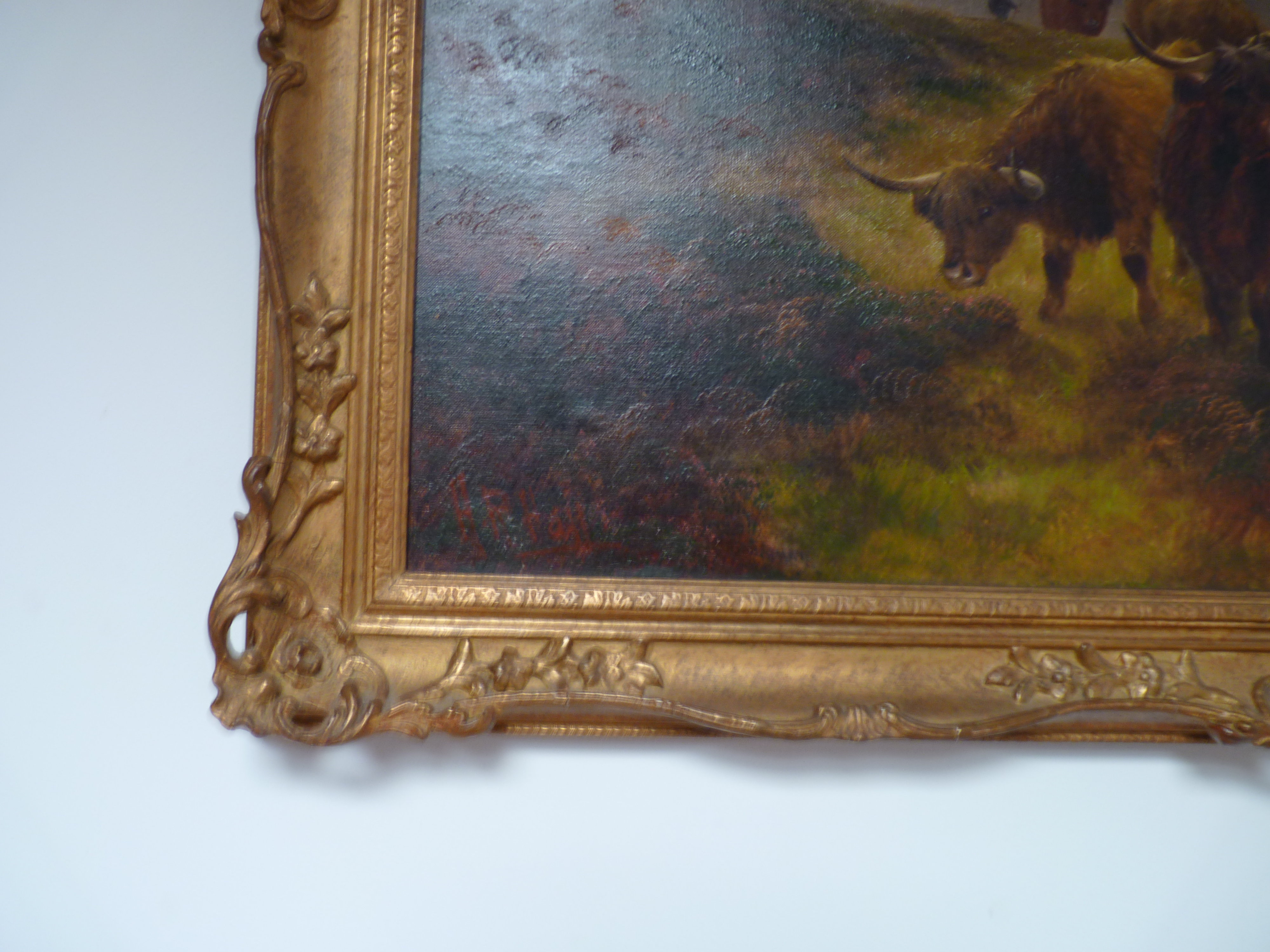 Pair of Highland cattle oils on canvas by Henry Robinson Hall (1859-1927) size 60cm x 90 cm - Image 11 of 14