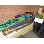 Collection of fishing items incl rods, nets, stool etc
