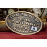 Cast iron and brass Great Central railway sign 1913 Corton