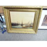 Old oil painting of ship scene in gilt frame