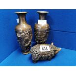Oriental Brass Vase & Pig Group w/character marks to base