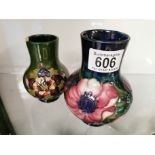 Small Moorcroft Green & Blue Anemone Vases (A/F)