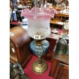 Turquoise & Pink-Rimmed Antique Brass Oil Lamp