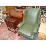 Green faux leather arm chair, bureau and cupboad