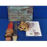 WWII German U-Boat U-29350a 1942 Plaque, Diver's Knife & Brass Naval Badge